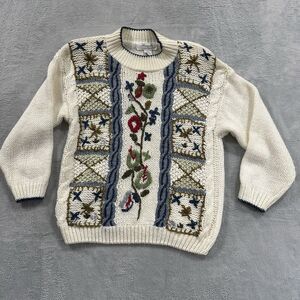 Margules Long Sleeve Knit Sweater Women Small White Floral Cottage Vintage‎